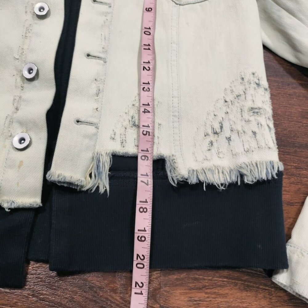 Free People Distressed Skater Grunge Layered Denim Jacket Ivory Black Size XS - Picture 10 of 15